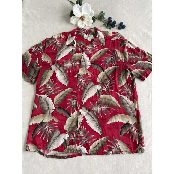 Island Shores Other - Island Shores Tropical Leaf Print Red Hawaiian Bahama Button Pocket Shirt XL